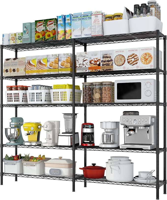 5 Tier Storage Racks Shelving, Heavy Steel Pantry Shelves, Adjustable Wire Shelving Rack, Suitable for Garage, Kitchens, Offices, 69.7" W x 16" D x 71" H, Black