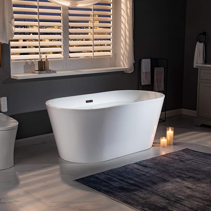 WOODBRIDGE 59" Acrylic Freestanding Bathtub Contemporary Soaking Tub, White Acrylic (Oil Rubbed Bronze Drain/Overflow),B0014 ORB Drain &O