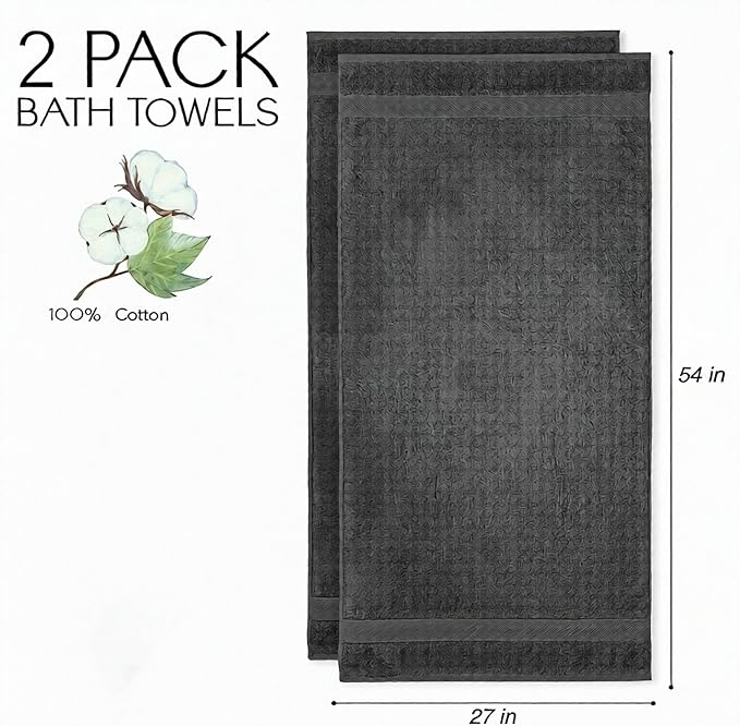 Cloudura Luxury Bath Towels-100% Cotton | Quick Dry | Lightweight | Thick I Good for Spa,Gym & Hotel Quality,(27'x54')-Soft & Absorbent (Charcoal Grey, Set of 2)