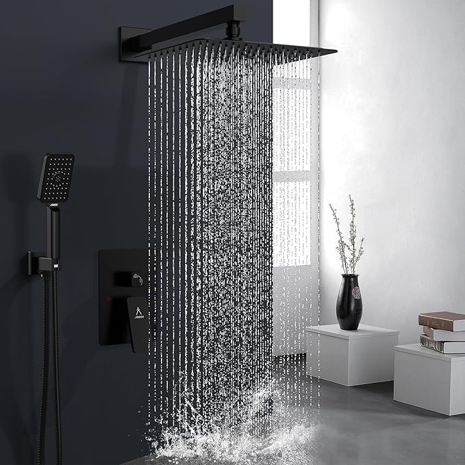 Rain Shower System 10IN Modern Brass Faucet Set With Valve and Diverter Shower Mixer With Handheld High Pressure Square Rainfall Shower Valve (10'' Wall Mount, Matte Black)
