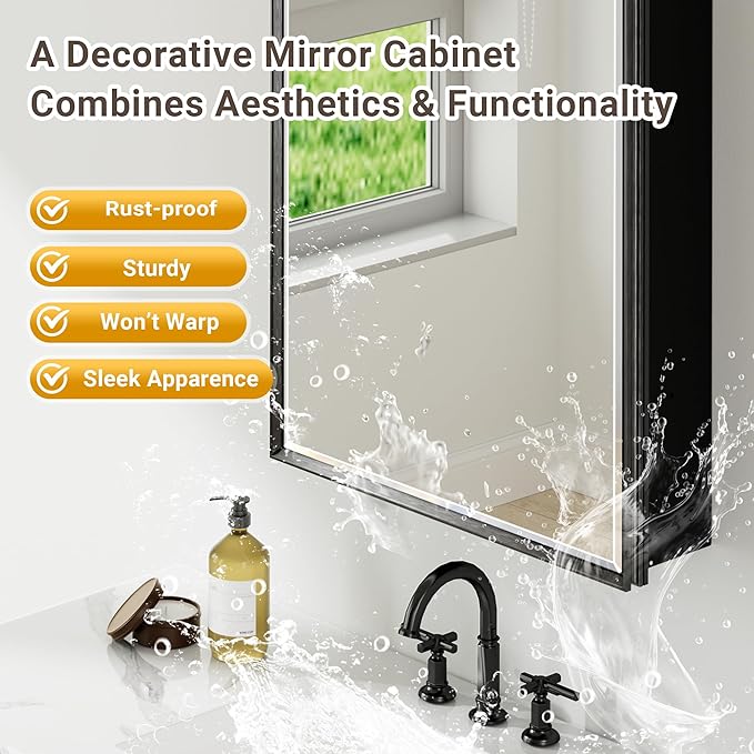 16x26 Pre-Assembled Black Medicine Cabinet with Mirror, Surface or Recessed Medicine Cabinet Mirror for Bathroom, Aluminum Beveled Frame Bathroom Vanity Mirror with Adjustable Shelves Storage