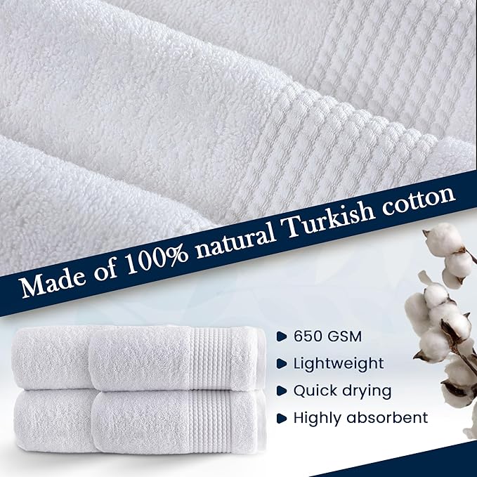HALLEY Turkish Cotton Towels (Pack of 4) Hand Towels Super Soft Highly Absorbent 100% Cotton Towels for Bathroom and Kitchen for Mother’s Day (White)