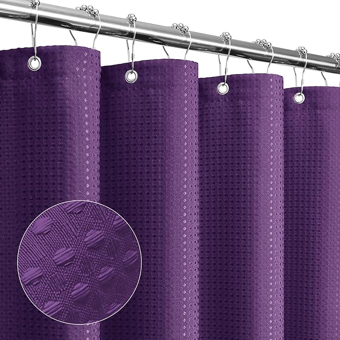 Gibelle Extra Long Shower Curtain 72 x 84, Tall Waffle Weave Textured Fabric Shower Curtain for Bathroom, Water Repellent, Machine Washable, Purple