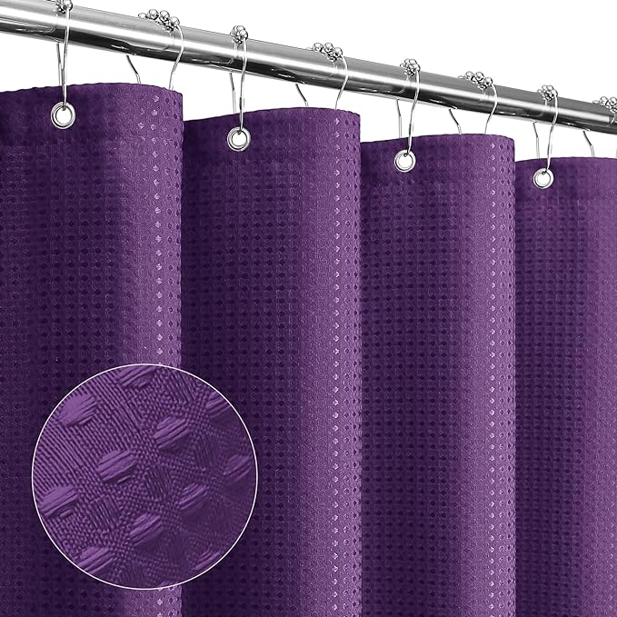 Gibelle Long Shower Curtain 72 x 78, Tall Waffle Weave Textured Fabric Shower Curtain for Bathroom, Water Repellent, Machine Washable, Purple