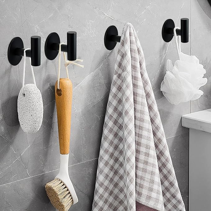 Self Adhesive Towel Hook Matte Black Coat Hook Brushed Nickel SUS304 Stainless Steel Heavy Duty Waterproof Towel Robe Clothes Hook Holder for Bathroom Kitchen Office Hotel Pool Wall Mounted Hook-4Pack