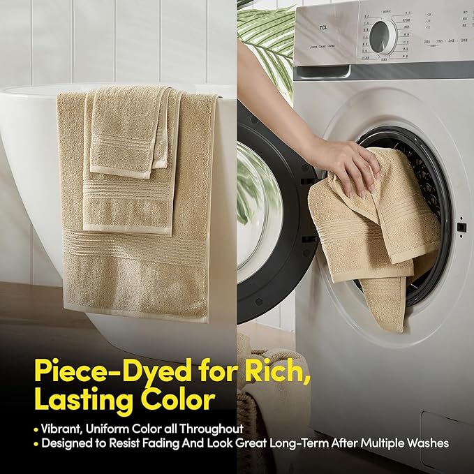 Bath Towels 8 Piece Towel Set – 100% Combed Cotton – Bath + Hand + Washcloths – Oeko-TEX Certified Soft & Absorbent Towels with Durable Double-Stitched Edges for Bathroom or Guest Spa, Beige