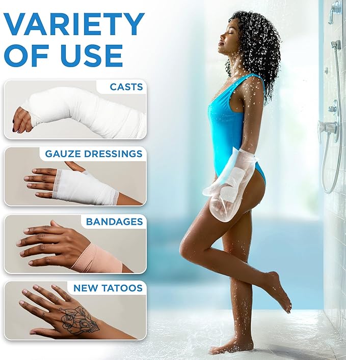100% Waterproof Cast Covers for Shower Arm - Tight Seal - 3pk Adult Reusable Cast Protectors - Half Arm Bag Sleeves