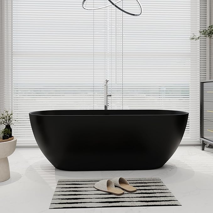 SJ STAR&JANE 69" Solid Surface Freestanding Bathtub Oval Stone Resin Soaking Tub Modern Stand Alone Tub with Overflow & Pop-up Drain, Matte Black for Bathrooms