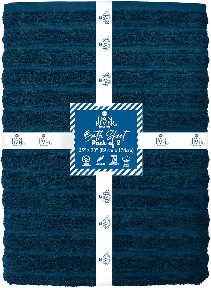 DAN RIVER Pack of 2 Bath Sheet 35x70 Inches, Big Towels Oversized Extra Ribbed Large Bath Sheets, Absorbent Quick Dry Towels - Blue Opal