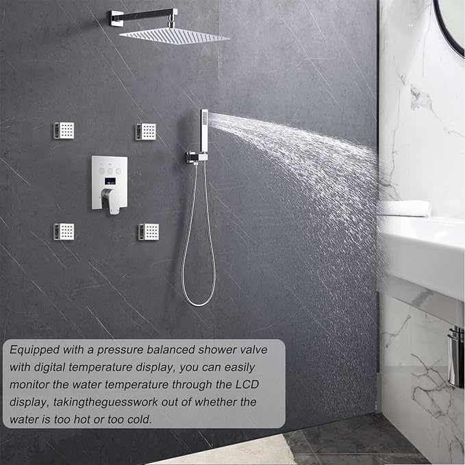 Shower Faucet Set Polished Chrome Shower System Luxury 12 Inch Wall Mounted Full Body Shower System with Body Jets and Handheld Spray, Water Temperature Display Shower Fixtures
