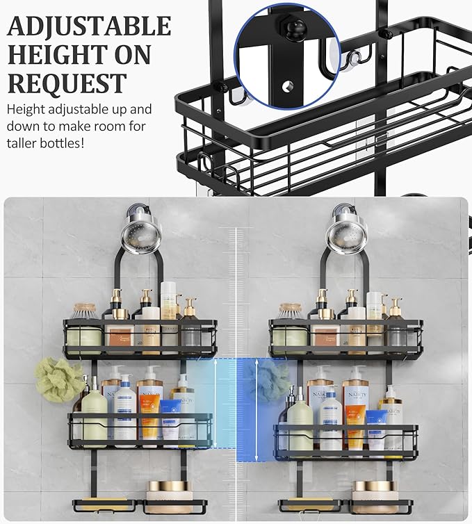 OMAIRA Shower Caddy Hanging with Soap Scrub Holder, Stainless Steel Adjustable No Drilling Non-Slip Large Capacity Sturdy Over Shower Head Shower Organizer Inside Shelves Bathroom Storage Rack, Black