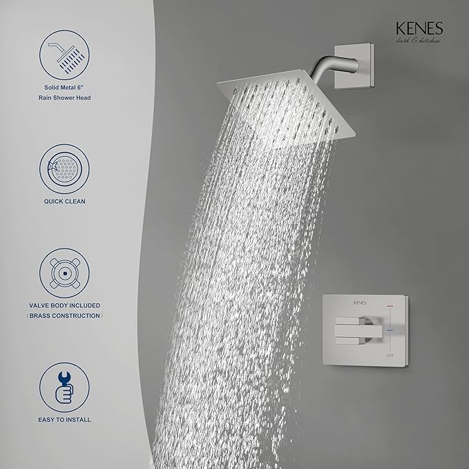KENES Brushed Nickel 6-Inch Shower Head and Handle Set, Square Shower Faucet Set Bathroom Rainfall Shower System Wall Mount, KE-6025B (Shower Valve Included)