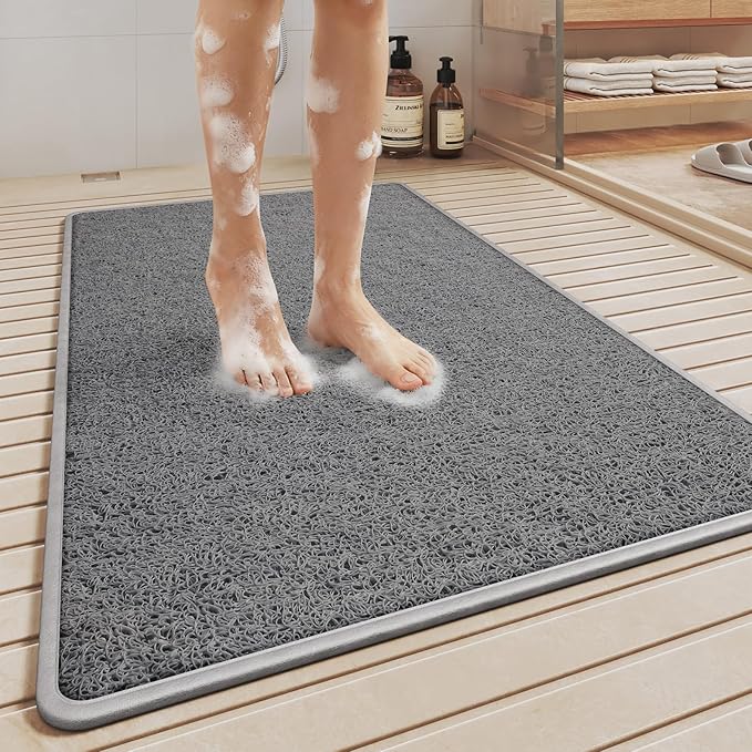 Non Slip Shower Mat Bathtub Mat 16x24 Inch, Quick Dry Bath Mat with Drain, Soft PVC Imitation Loofah Foot Scrubber Bath Mats for Bathroom Tub Shower Floor, Hangable & Hook Included, Gray