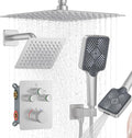 KOJOX Brushed Nickel Thermostatic Shower System, Push Button Diverter Shower Faucet Set with 12" Ceiling Mount Rain Shower, 6" Wall Mount Shower Head, and 4-in-1 Handheld Spray