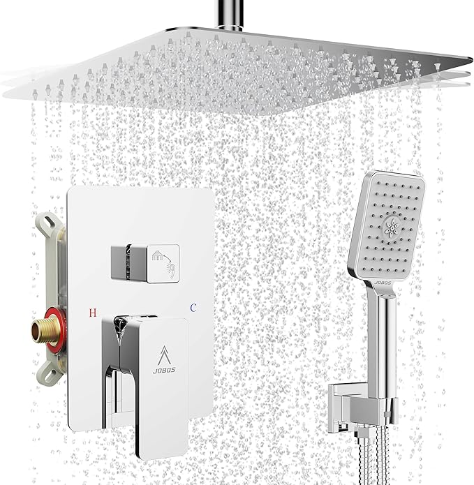 Shower System Modern Rain 8 inches Brass Faucet Set With Valve and Diverter Shower Mixer With Handheld High Pressure Square Rainfall Shower Valve (12'' Ceiling Mount, Chrome Polished)