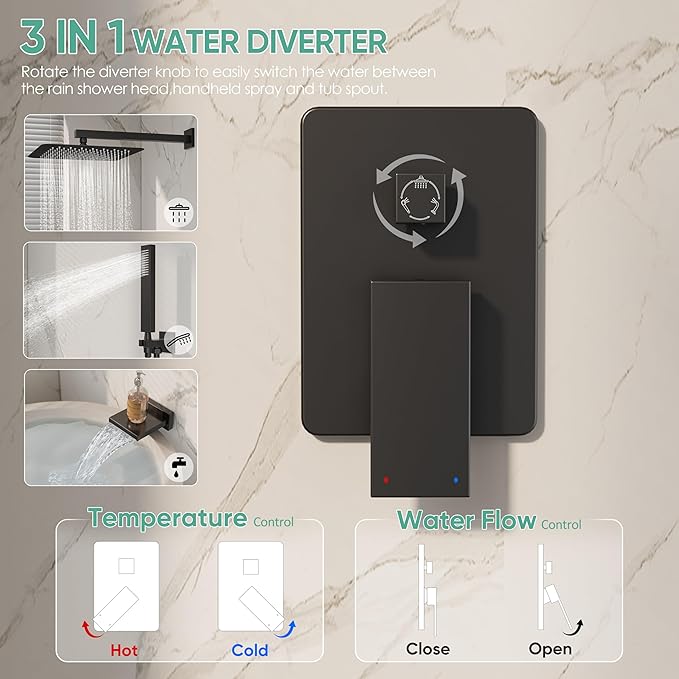 Black Shower System with Tub Spout, All Metal Tub Shower Faucet Set with 10" Rain Shower Head and Handheld Spray combo, Wall Mounted Tub Shower Systems with Valve and Trim Kit, Matte Black