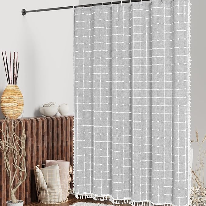 MitoVilla Grey Farmhouse Shower Curtain Set 72 x 78, Boho 78 inch Long Polyester Linen Tassel Fabric Shower Curtain Set for Chic Cottagecore French Rustic Bathroom Decor, Light Grey