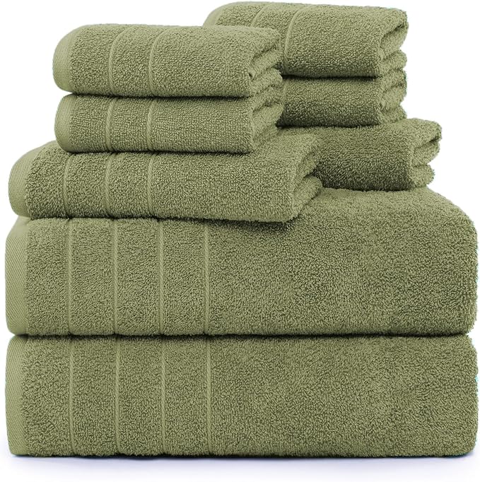 Casa Platino 100% Cotton 8 Piece Bath Towel Set - Ring Spun, Quick Dry, Super Soft & Highly Absorbent - 2 Bath, 4 Washcloths, 2 Bathroom Hand Towels - Hotel Quality Bathroom Towel Set - Oil Green