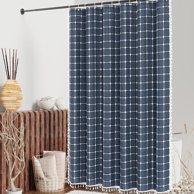 MitoVilla Navy Blue Boho Shower Curtains for Modern Farmhouse Bathroom Decor, Country Thick Polyester Linen Fabric Shower Curtain with Tassel, 72 x 72