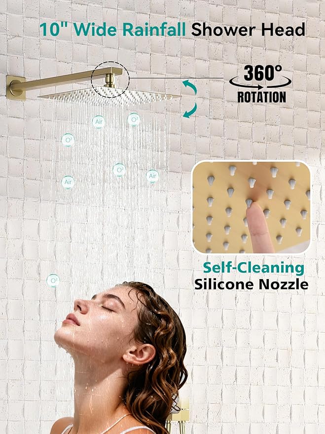 Lefton Shower System in Fahrenheit Display (Battery-free), 10” Overhead Shower Head with All-in-one Handheld Spray Showerhead and Bathtub Faucet, 4-in-1 Control System, SSWM2502 (Brushed Gold)