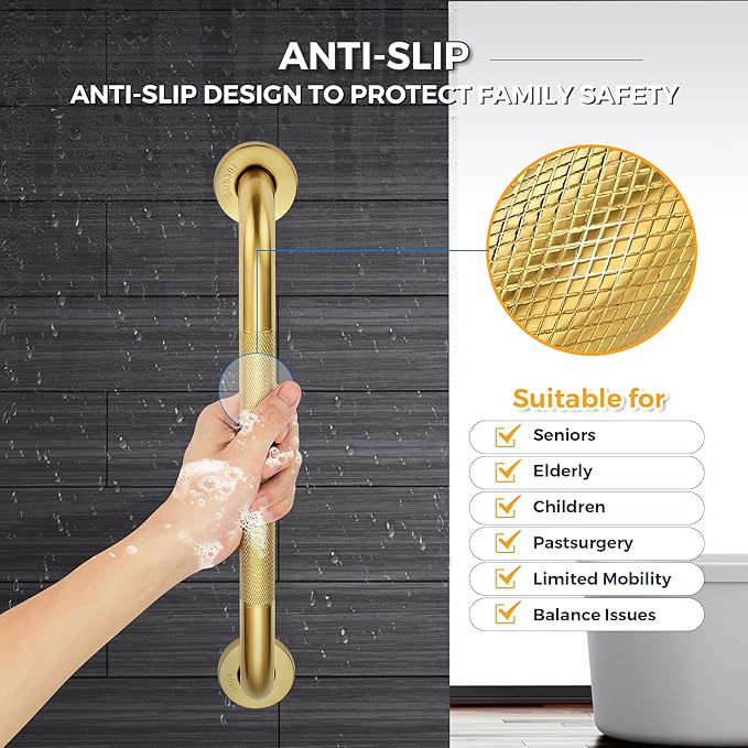 Grab Bars for Shower, 2 Pack 16-Inch Anti Slip Shower Handles for Elderly, Safety Shower Grab Bar, Stainless Steel Handicap Grab Bars for Bathroom,Toilet (Gold, 1" Diameter)