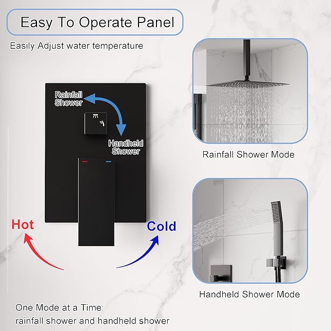 WELLFOR 12-In Ceiling Mount Shower System with Single Handle, Pressure-balanced Valve Included, Waterfall Dual Head Shower Head System, Rain Shower System, Shower Faucet Trim Kits, Matte Black