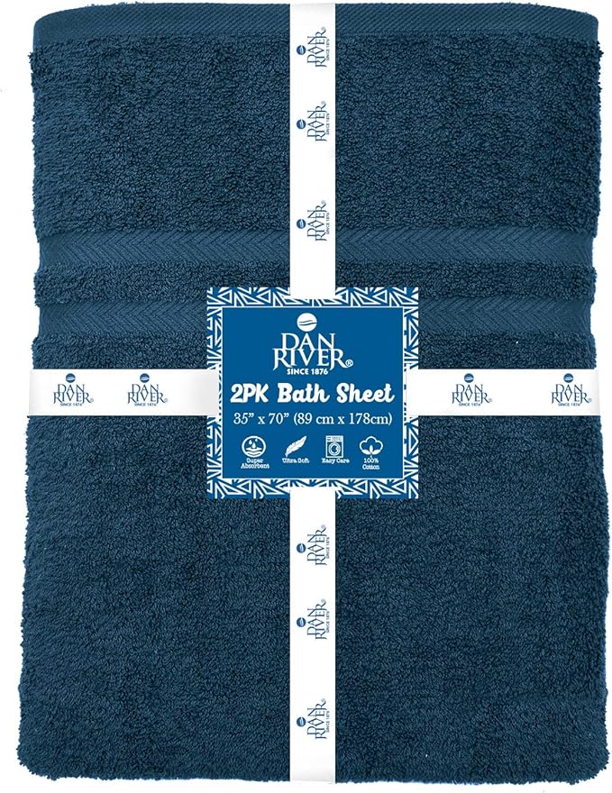 DAN RIVER 2 Pack Luxury Bath Sheets 35x70, 600 GSM, Soft & Quick Dry 100% Ring Spun Cotton Towels Ideal for Hotels, Spas, Gyms & Salons Extra Large, Opal Blue
