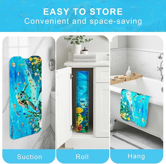 Upgrade Cartoon Baby Bath Mat Non Slip - 40"x16" Extra Long Bathtub Mat for Baby Eco Friendly Durable Bath Mat for Tub Non Slip Kids Tub Mat with Suction Cups, Machine Washable and No Fading, Turtle