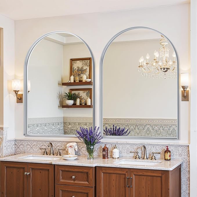 Arched Mirror 30"x40", Bathroom Mirror, Wall Mounted Vanity Mirror with Arch Metal Frame for Bathroom, Over Sink, Bedroom, Living Room, Deep Frame, Silver