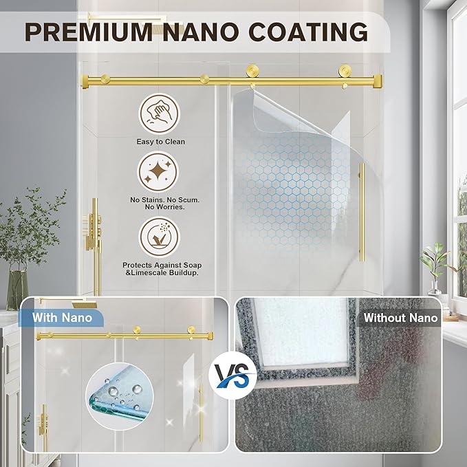 Bathtub Shower Door Frameless, 55-60" W x 60" H Sliding Tub Shower Door, 1/4''(6mm) SGCC Tempered Glass with Explosion-Proof Film Nano Coating, Stainless Steel Hardware, Brushed Gold
