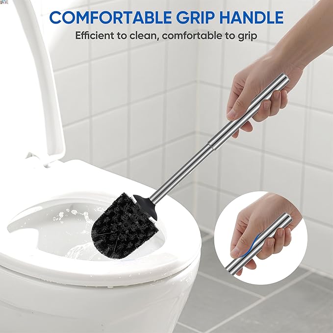 Toilet Brush and Holder Set Stain Nickle Stainless Steel 12In Handle BristlesToilet Bowl Brush Cepillo para Baños Bathroom Brushes Cleaning Brush with Case Anti-Rust Brushed Silver