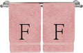 Monogrammed Hand Towel, Personalized Initial Gift, Extra Absorbent 100% Turkish Cotton - Soft Terry Finish - Set of 2 - Black Block Initial F - Embroidered on Pink Towels