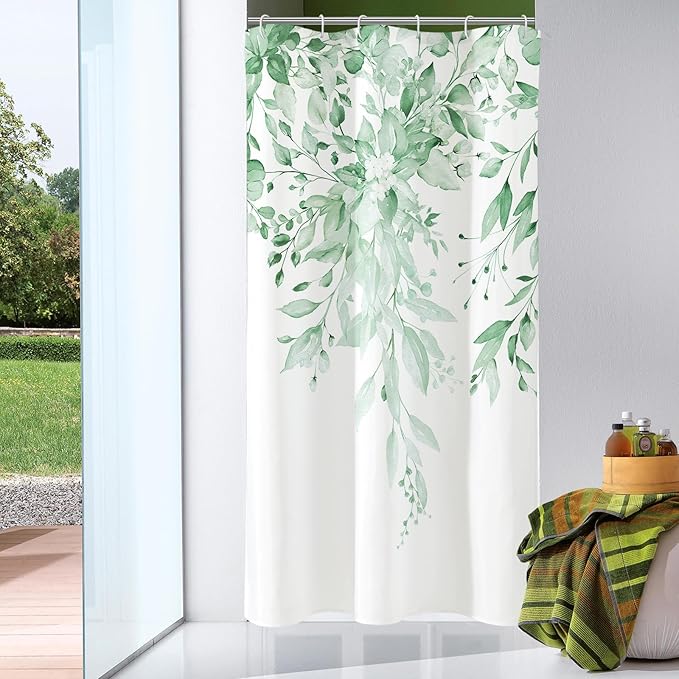 Gibelle Small Stall Shower Curtain 36 x 72, Narrow Half Mint Green Floral Shower Curtain for Bathroom, Watercolor Plant Eucalyptus Leaves Fabric Shower Curtain Set