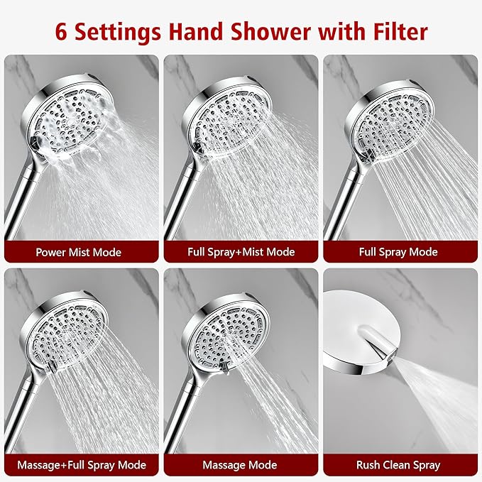 SUMERAIN Shower Faucet Set with 6-Spray Handheld Filtered Shower Head, Chrome Wall Mounted Rainfall Shower System