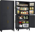 75" Tall Metal Kitchen Pantry Storage Cabinet, Freestanding Cupboard Storage Cabinet with 4 Doors and 4 Adjustable Shelves, Large Stand Up Food Cupboard for Dinning Room, Bathroom（Black）