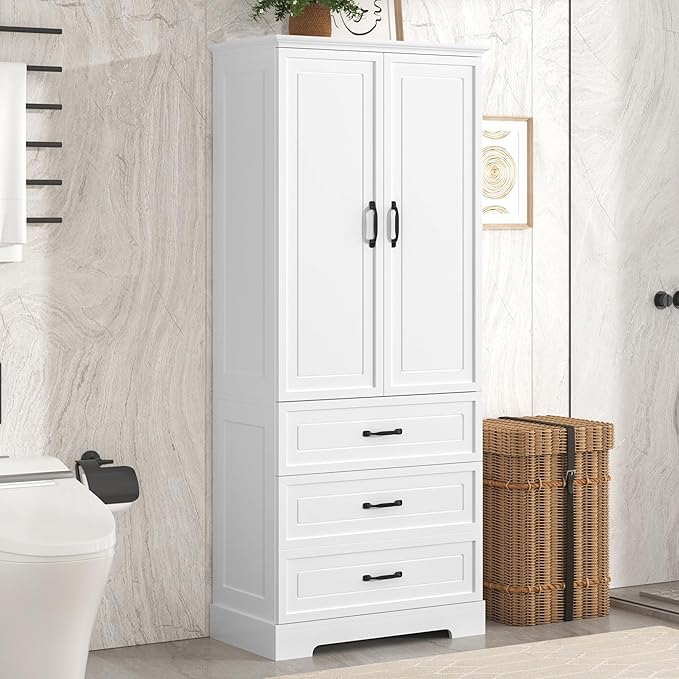 Favfurish 69" Tall Bathroom Storage Cabinet with Doors and 2 Drawers,Modern Linen Cabinets w/Adjustable Shelf & Magnetic Door Stopper,Freestanding Organizer for Dining Room,Kitchen,Office,White
