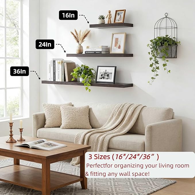 SAUMONIERES Floating Shelves Wall Shelf Solid Wood for Bathroom Bedroom Kitchen Set of 3, Espresso Wall Shelves