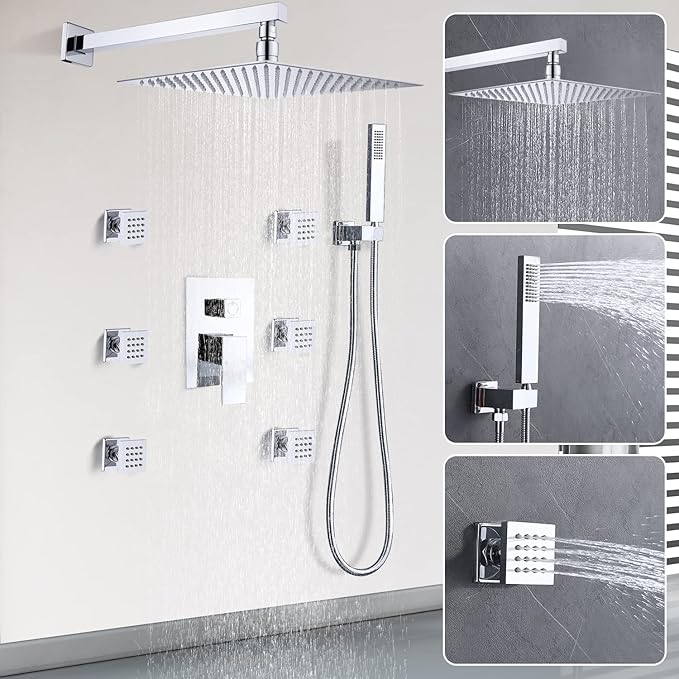 Enga Rain Shower System with Body Jets, 12 Inch Powerful Full Body Shower System with Rainfall Shower and Handheld Spray, Rough-in Mixer Valve Shower Faucet Set, Chrome