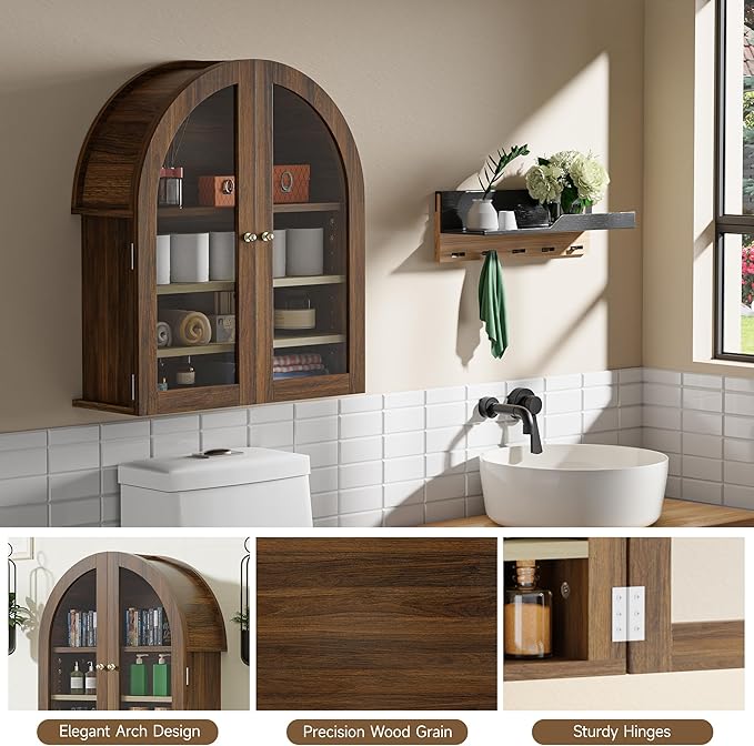 HOACT Arch Bathroom Wall Cabinet with Glass Door, 23.6" Medicine Cabinet with Adjustable Shelves, Natural Above Toilet Storage Cabinet for Kitchen, Laundry Room, Bedroom, Walnut