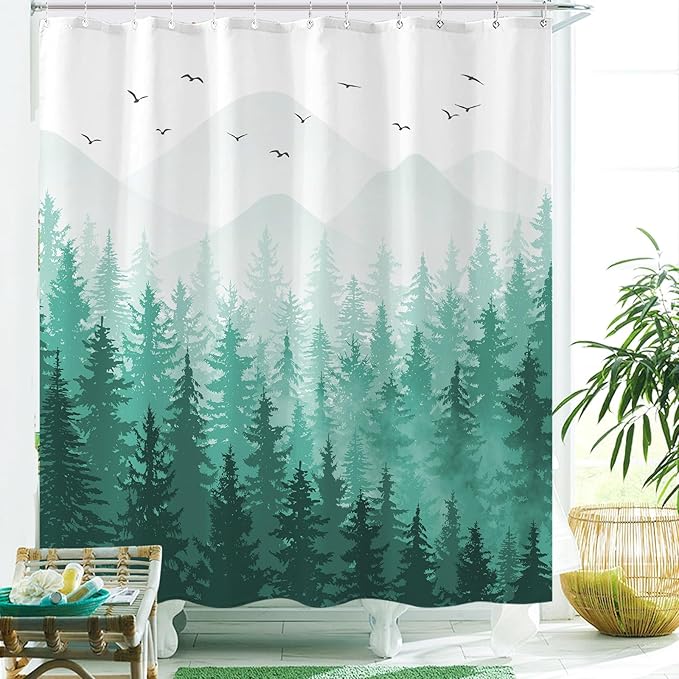 Aipon Teal Misty Forest Shower Curtain Ombre Nature Tree Plants Shower Curtains Fabric Waterproof Mountain Shower Curtain Sets for Bathroom Bath Decor with 12 Hooks (Teal, 72'' × 72'')
