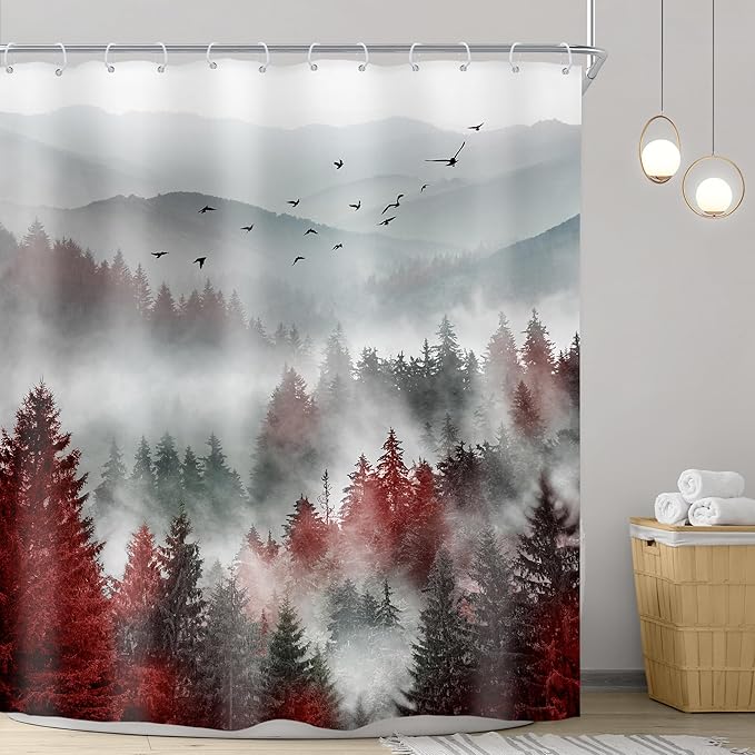 Riyidecor Red Black Mountain Shower Curtain 72Wx72H Inch Nature Scenery Foggy Pine Tree Scenic Woodland Cool Landscape Foggy Natural Mens Bathroom Decor Fabric Polyester Waterproof 12 Pack Hooks