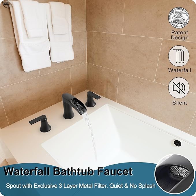 Solid Brass Waterfall Bathtub Faucets Set, 3 Hole Matte Black Tub Faucet 2 Handle, High Flow Roman Tub Faucets Widespread 6-16 Inch Deck Mount