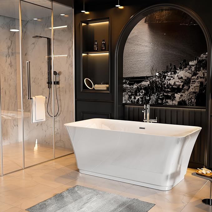 Empava 59" Freestanding Bathtub, Acrylic Deep Soaking Tub, Modern Stand Alone Tub with Anti-Slip Surface, Adjustable Feet & Drain Overflow Included, White, cUPC Certified