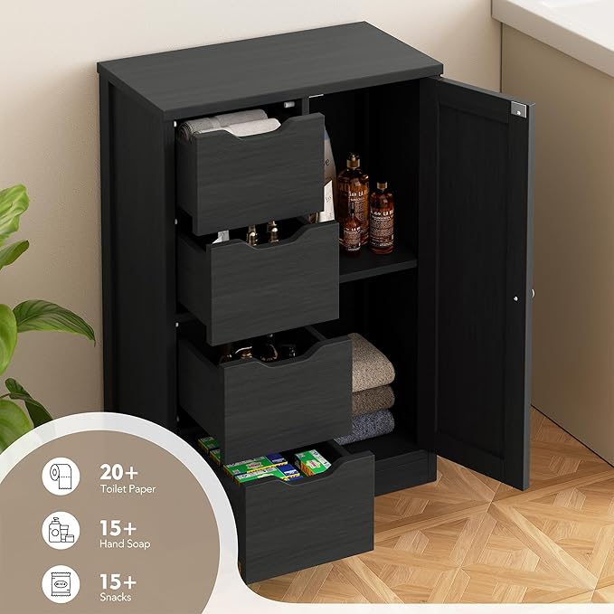 Walsunny Bathroom Floor Storage Cabinet, Wooden Storage Organizer with 4 Drawers and 1 Cupboard, Freestanding Entryway Storage Unit Console Table(Black)
