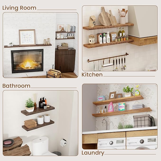 Floating Shelves for Wall Decor, Rustic Solid Elm Wood Live Edge Floating Shelves Wall Mounted, Wall Shelves with Invisible Bracket for Living Room Bathroom Bedroom Kitchen, 48 Inch, Natural