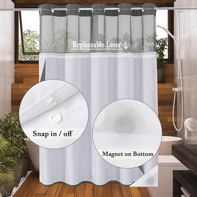 Gibelle Extra Long Shower Curtain 72x86, Waffle Weave Bathroom Shower Curtain with Snap-in Fabric Liner Set, No Hooks Needed, Hotel Style with Mesh Top Window, Charcoal Grey