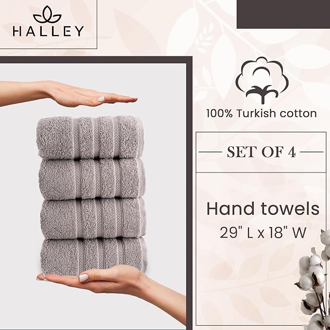 HALLEY Turkish 4 Pack Premium Hand Towels (4 Pieces) 650 GSM Highly Absorbent Super Soft 100% Cotton - 4 Hand Towels (Gray)