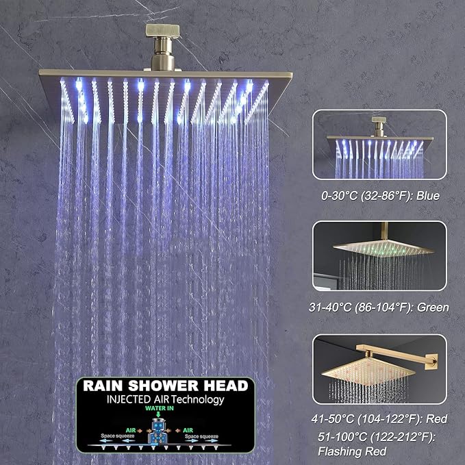 Thermostatic Brushed Gold Shower System with Tub Spout Shower Faucet Set 12 Inch Wall Mounted LED Full Body Rain Shower System with Body Jets, Handheld Spray, Brass Shower Valve