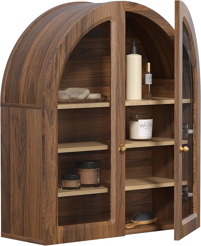 Large Arched Bathroom Wall Cabinet Wooden Medicine Cabinet with Acrylic Doors Farmhouse Wall Mounted Cupboard Display Storage Organizer for Laundry Room, Dining Room, Brown
