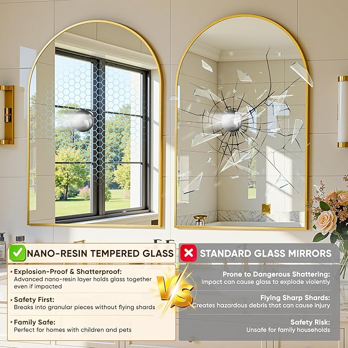 Arched Mirror 24"x36", Bathroom Mirror, Wall Mounted Vanity Mirror with Arch Metal Frame for Bathroom, Over Sink, Bedroom, Living Room, Flat Frame, Gold